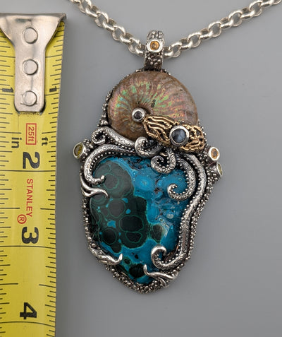Malachite/Chrysocolla, Sterling Silver and 14kt Gold Jurassic Classic Pendant