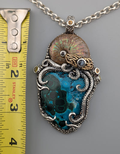 Malachite/Chrysocolla, Sterling Silver and 14kt Gold Jurassic Classic Pendant
