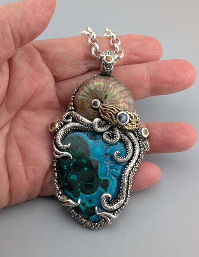 Malachite/Chrysocolla, Sterling Silver and 14kt Gold Jurassic Classic Pendant