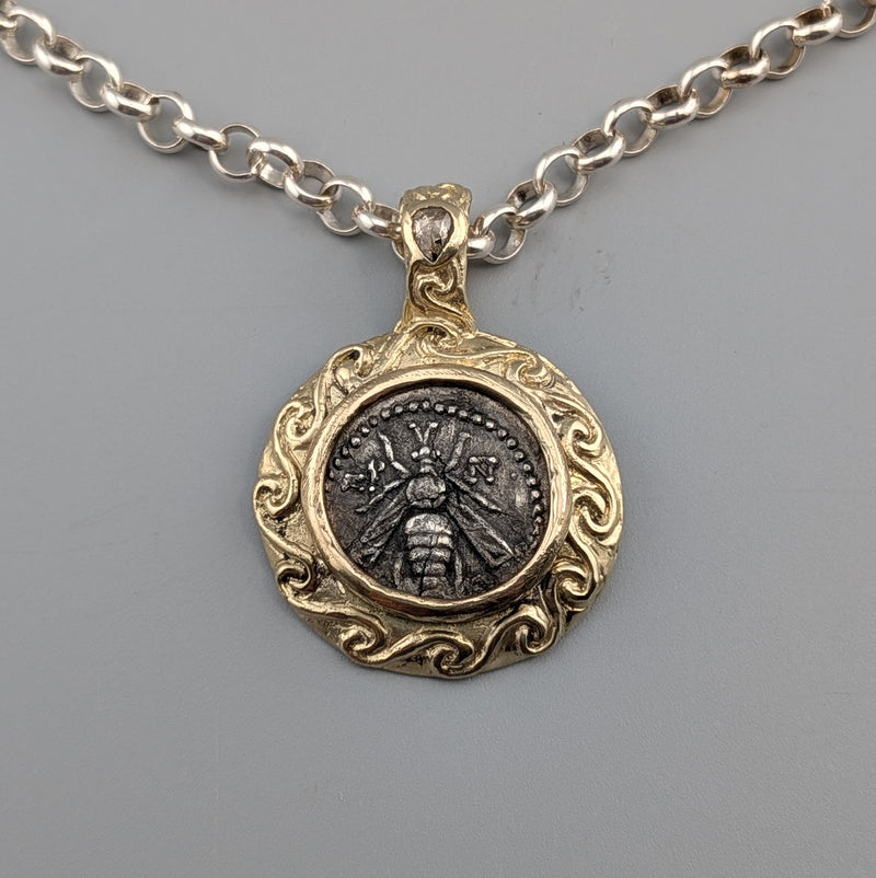 Ancient AR Drachm, Bee, in 14kt Gold Pendant