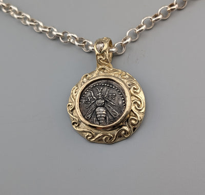Ancient AR Drachm, Bee, in 14kt Gold Pendant