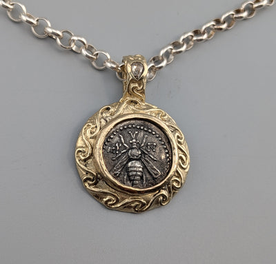 Ancient AR Drachm, Bee, in 14kt Gold Pendant