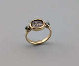 Ancient AR Diobol, Bee, 14kt Gold Ring with Emeralds