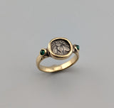 Ancient AR Diobol, Bee, 14kt Gold Ring with Emeralds