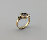 Ancient AR Diobol, Bee, 14kt Gold Ring with Emeralds