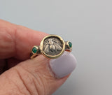 Ancient AR Diobol, Bee, 14kt Gold Ring with Emeralds
