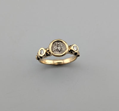 Tiny Ancient AR Tetartemorion, Bee, 14kt Gold Ring with Diamonds