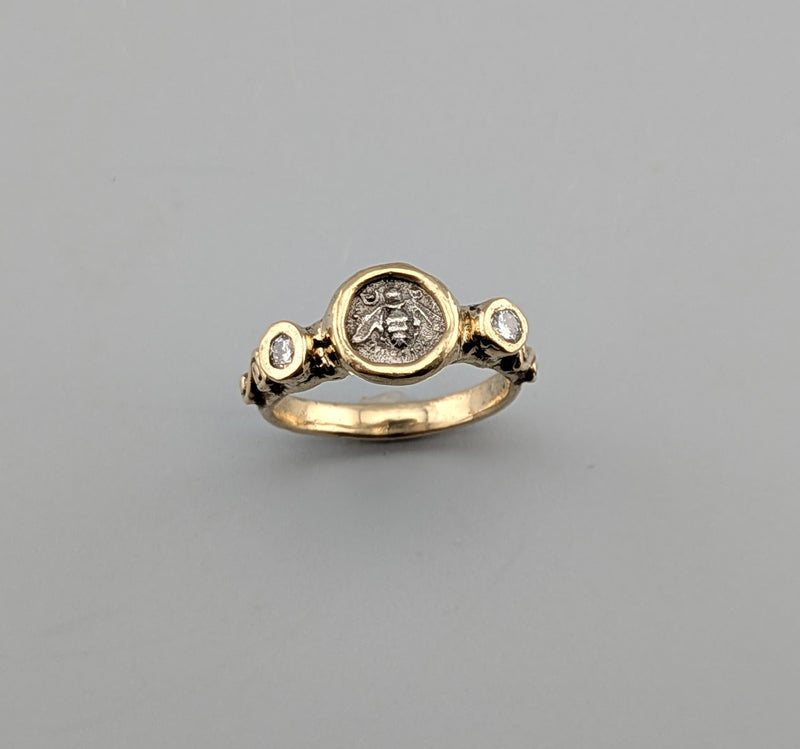 Tiny Ancient AR Tetartemorion, Bee, 14kt Gold Ring with Diamonds