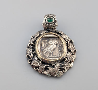 Old Style Athena Owl AR Tetradrachm in Sterling Silver and 14kt Gold Leafy Pendant