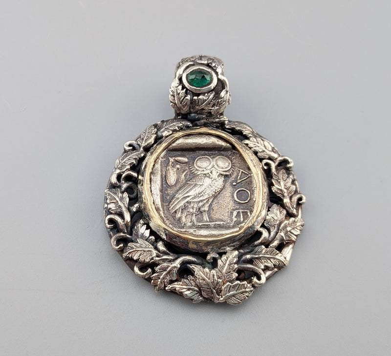 Old Style Athena Owl AR Tetradrachm in Sterling Silver and 14kt Gold Leafy Pendant