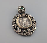 Old Style Athena Owl AR Tetradrachm in Sterling Silver and 14kt Gold Leafy Pendant
