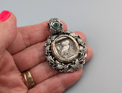 Old Style Athena Owl AR Tetradrachm in Sterling Silver and 14kt Gold Leafy Pendant