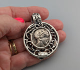 Old Style Athena Owl AR Tetradrachm in Sterling Silver and 14kt Gold Leafy Pendant
