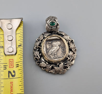 Old Style Athena Owl AR Tetradrachm in Sterling Silver and 14kt Gold Leafy Pendant