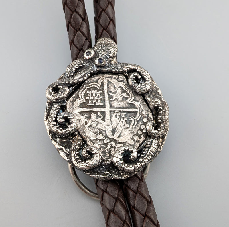 Sterling Silver Octopus Bolo with AR 4 Reales Spanish Coin