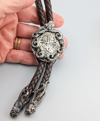 Sterling Silver Octopus Bolo with AR 4 Reales Spanish Coin