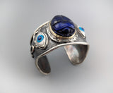 Carved Lapis Scarab, Sterling Silver and 14kt Gold Egyptian Bracelet