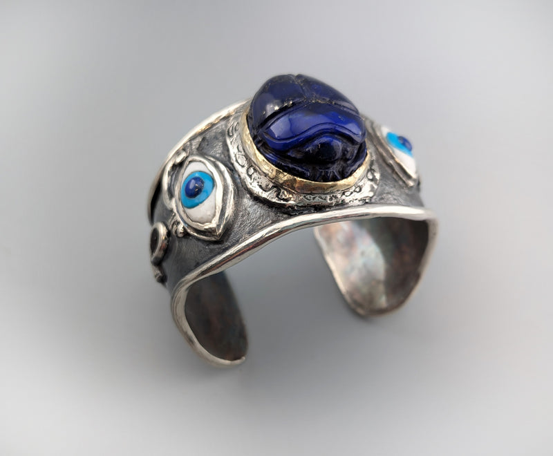 Carved Lapis Scarab, Sterling Silver and 14kt Gold Egyptian Bracelet