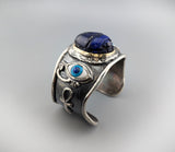 Carved Lapis Scarab, Sterling Silver and 14kt Gold Egyptian Bracelet