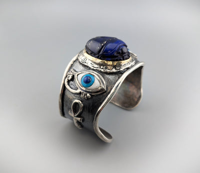 Carved Lapis Scarab, Sterling Silver and 14kt Gold Egyptian Bracelet