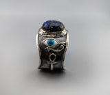 Carved Lapis Scarab, Sterling Silver and 14kt Gold Egyptian Bracelet