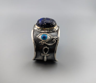 Carved Lapis Scarab, Sterling Silver and 14kt Gold Egyptian Bracelet