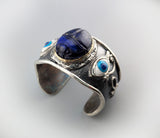 Carved Lapis Scarab, Sterling Silver and 14kt Gold Egyptian Bracelet