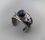 Carved Lapis Scarab, Sterling Silver and 14kt Gold Egyptian Bracelet