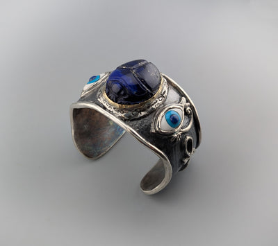 Carved Lapis Scarab, Sterling Silver and 14kt Gold Egyptian Bracelet