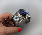 Carved Lapis Scarab, Sterling Silver and 14kt Gold Egyptian Bracelet