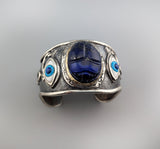 Carved Lapis Scarab, Sterling Silver and 14kt Gold Egyptian Bracelet