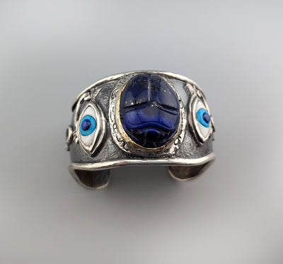 Carved Lapis Scarab, Sterling Silver and 14kt Gold Egyptian Bracelet