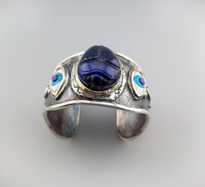 Carved Lapis Scarab, Sterling Silver and 14kt Gold Egyptian Bracelet