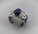Carved Lapis Scarab, Sterling Silver and 14kt Gold Egyptian Bracelet