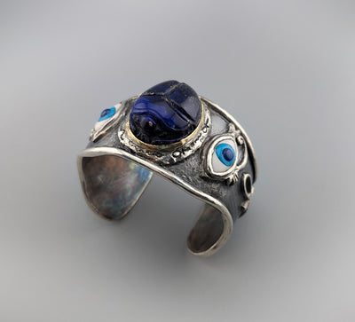 Carved Lapis Scarab, Sterling Silver and 14kt Gold Egyptian Bracelet