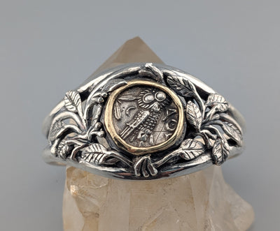 Ancient Old Style Athena Owl, AR Tetradrachm, Sterling Silver and 14kt Gold Bracelet