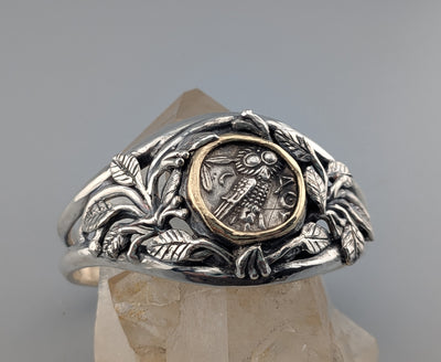 Ancient Old Style Athena Owl, AR Tetradrachm, Sterling Silver and 14kt Gold Bracelet