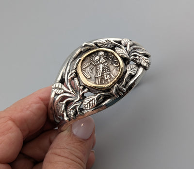 Ancient Old Style Athena Owl, AR Tetradrachm, Sterling Silver and 14kt Gold Bracelet
