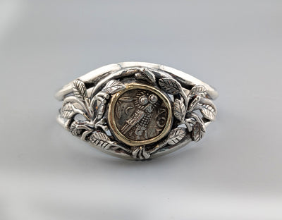 Ancient Old Style Athena Owl, AR Tetradrachm, Sterling Silver and 14kt Gold Bracelet