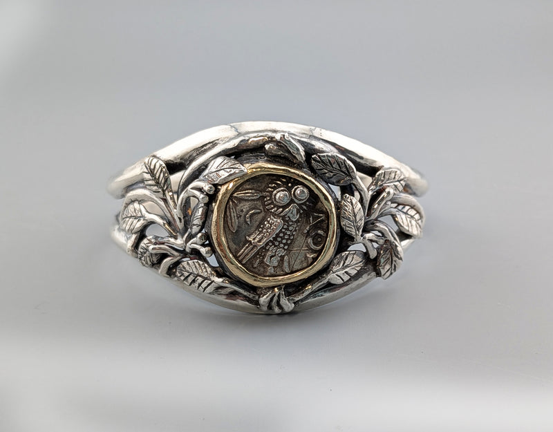 Ancient Old Style Athena Owl, AR Tetradrachm, Sterling Silver and 14kt Gold Bracelet