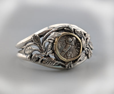 Ancient Old Style Athena Owl, AR Tetradrachm, Sterling Silver and 14kt Gold Bracelet