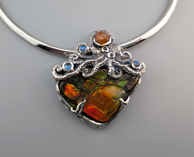 Very Fine Ammolite, Sterling Silver Octopus Pendant