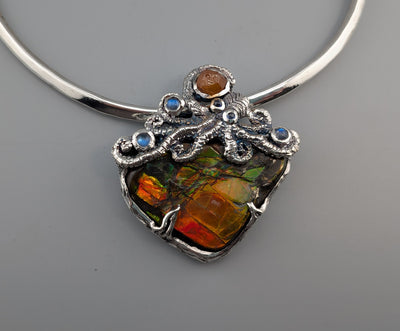Very Fine Ammolite, Sterling Silver Octopus Pendant