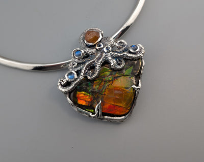 Very Fine Ammolite, Sterling Silver Octopus Pendant
