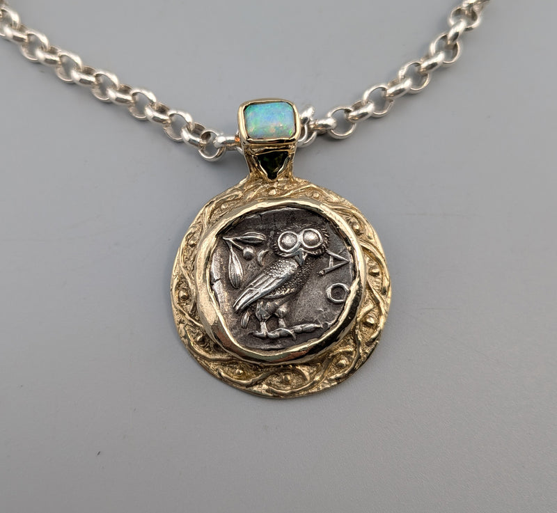 Ancient Old Style Athena Owl AR Tetradrachm, 14kt Gold Pendant