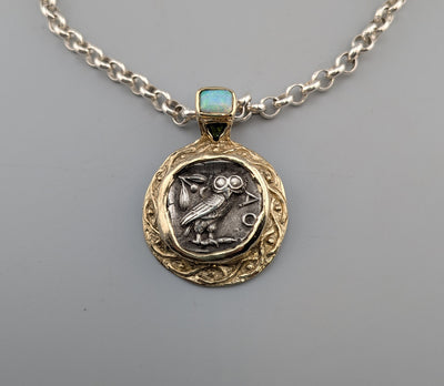 Ancient Old Style Athena Owl AR Tetradrachm, 14kt Gold Pendant