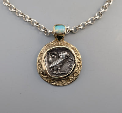 Ancient Old Style Athena Owl AR Tetradrachm, 14kt Gold Pendant