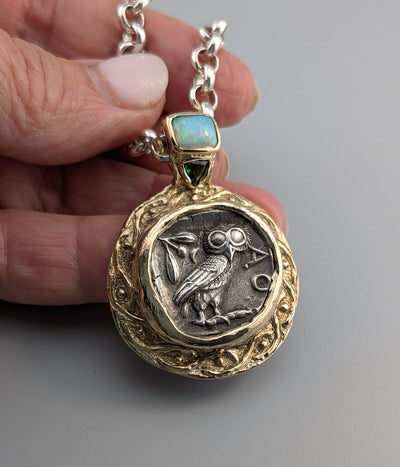 Ancient Old Style Athena Owl AR Tetradrachm, 14kt Gold Pendant