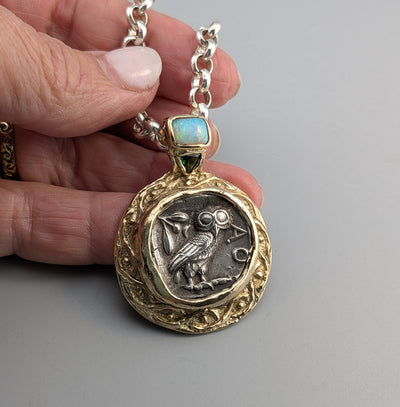 Ancient Old Style Athena Owl AR Tetradrachm, 14kt Gold Pendant