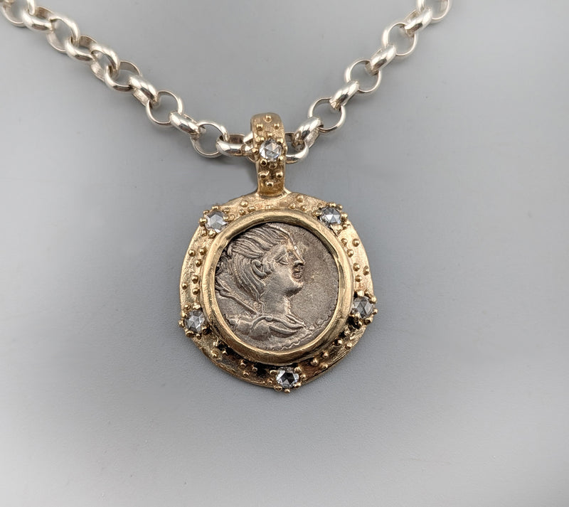 Ancient AR Denarius, Diana, The Huntress, 14kt Gold Pendant